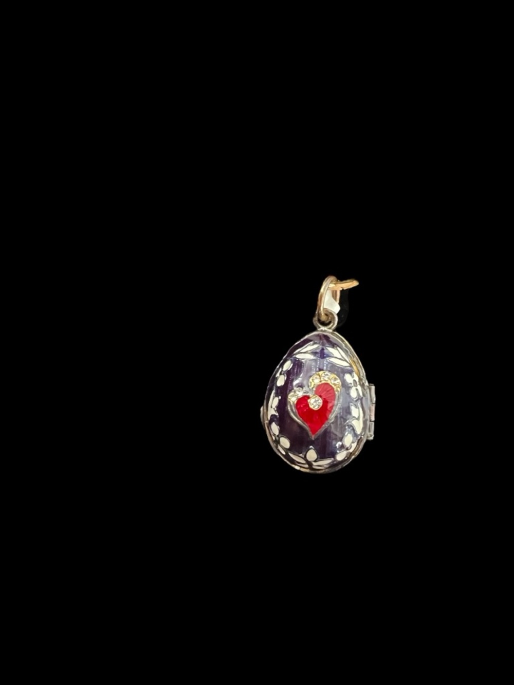 Dark Blue Enamel Egg Locket/Pendent Necklace with Red Heart Accent and Charm
